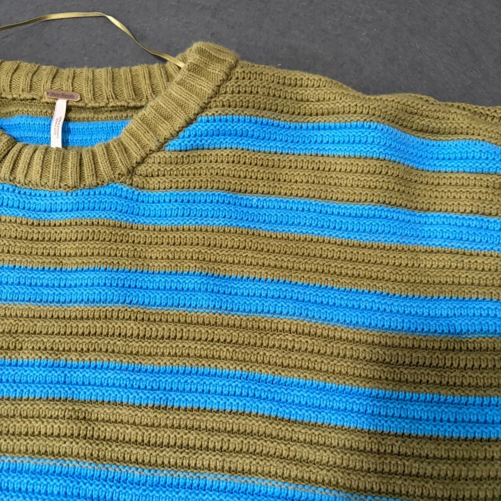 Free People Striped Knit Sweater Womens Size Medium Blue Olive Green